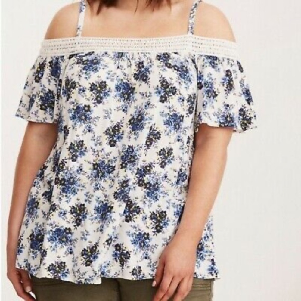 Women’s White Off-Shoulder Floral Top with Blue Print